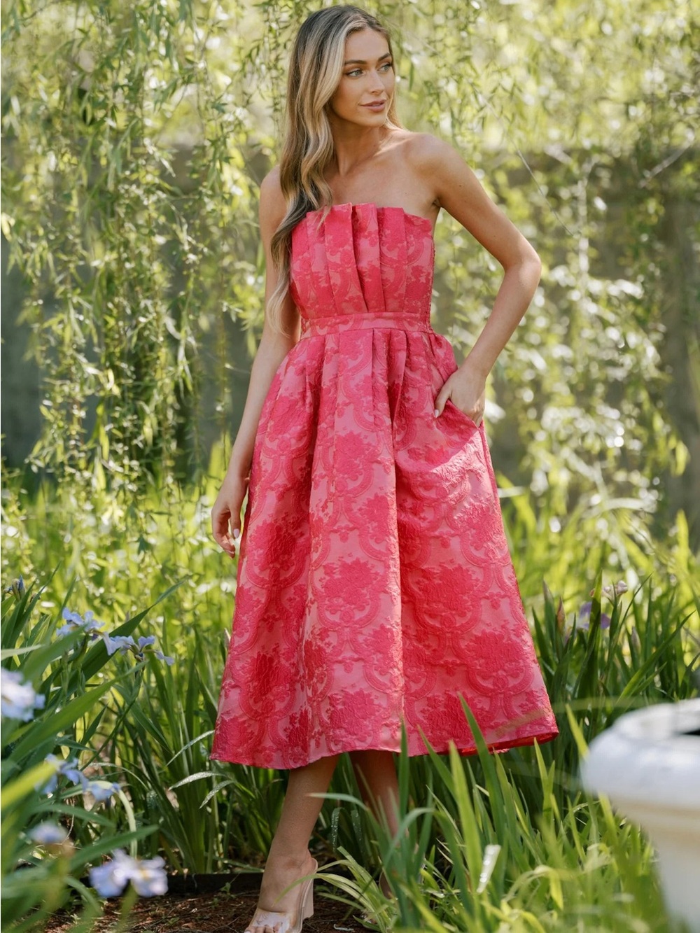 THE GENEVIEVE HOT PINK JACQUARD STRAPLESS MIDI DRESS from Red Dress - Picture 3 of 7